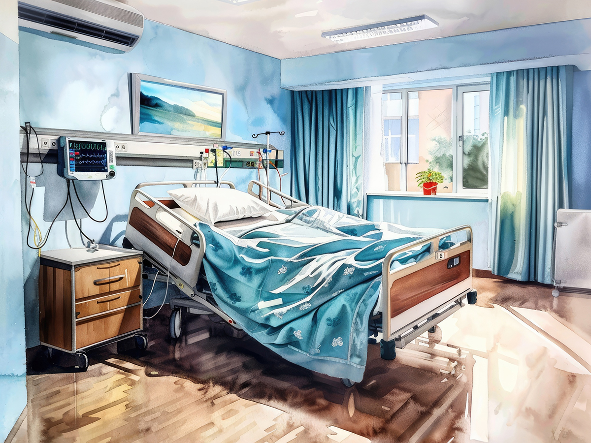 Adjustable home hospital bed set up in a care room
